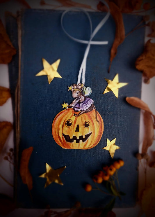 Fairy Mouse on Pumpkin ~ Wooden Hanging Decoration