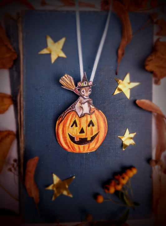 Witchy Mouse on Pumpkin ~  Wooden Hanging Decoration