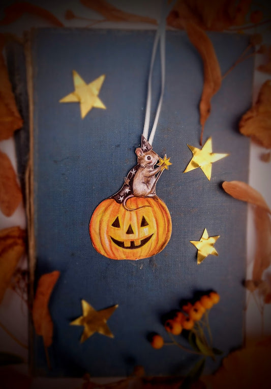Wizard Mouse on Pumpkin ~ Wooden Hanging Decoration
