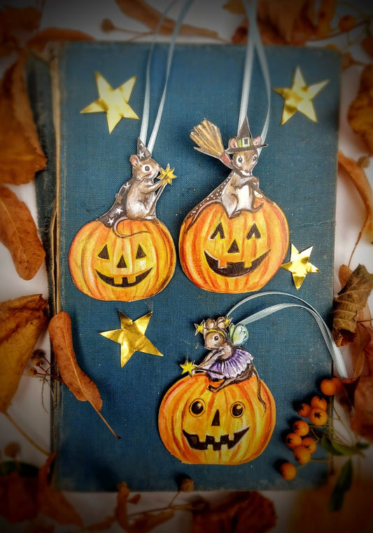 Trio of Magical Mice ~ Hanging Wooden Decorations