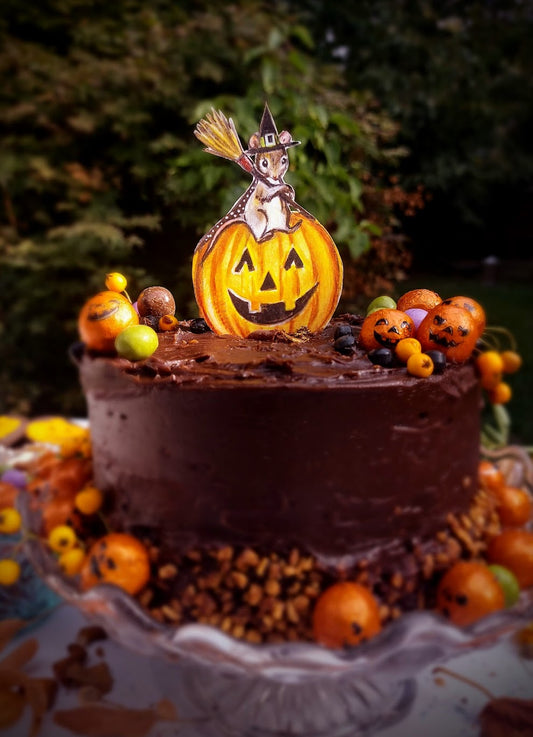 Witchy Mouse and Pumpkin ~ Wooden Cake Topper