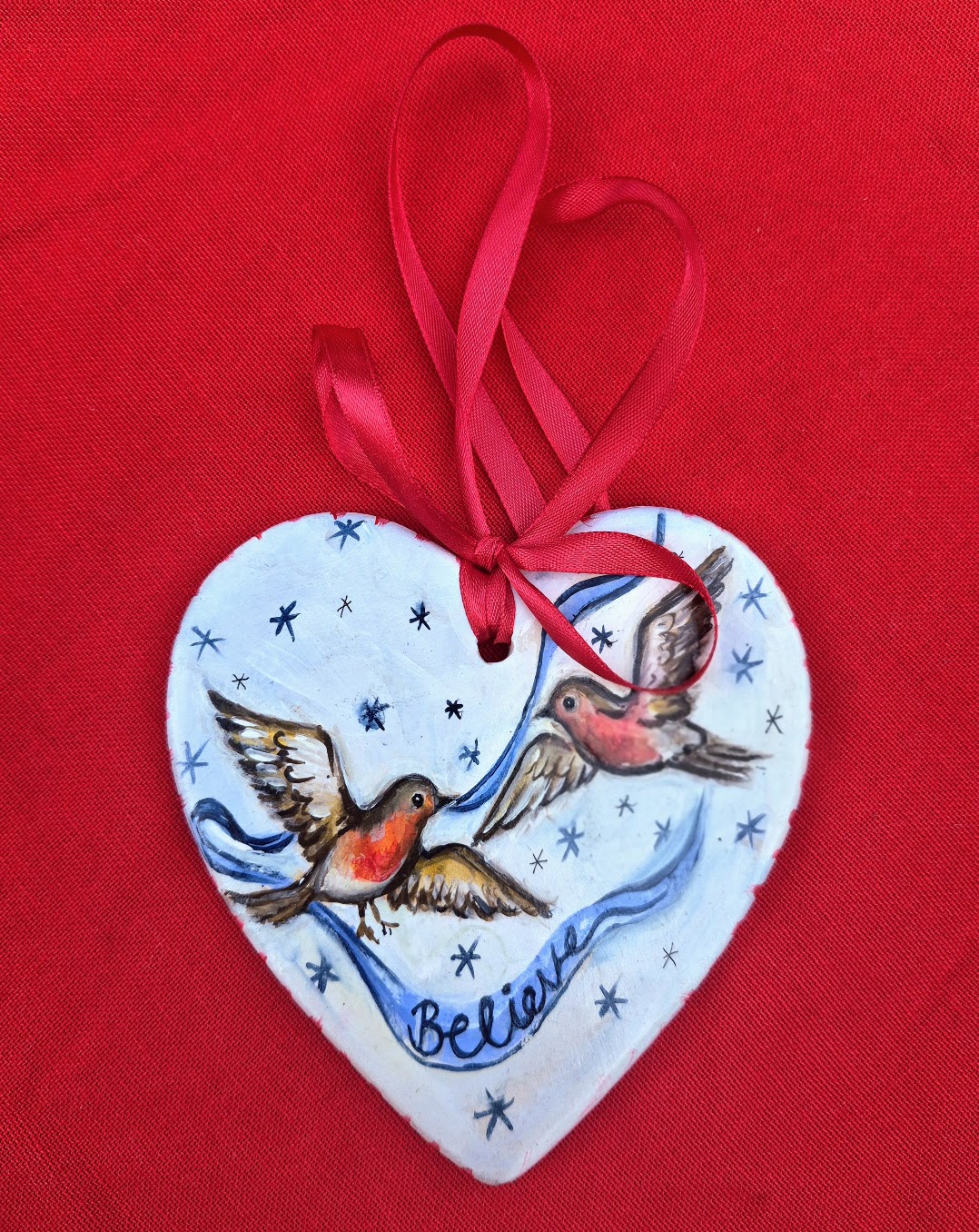 Believe Robins ~ Hand Painted Ceramic Heart