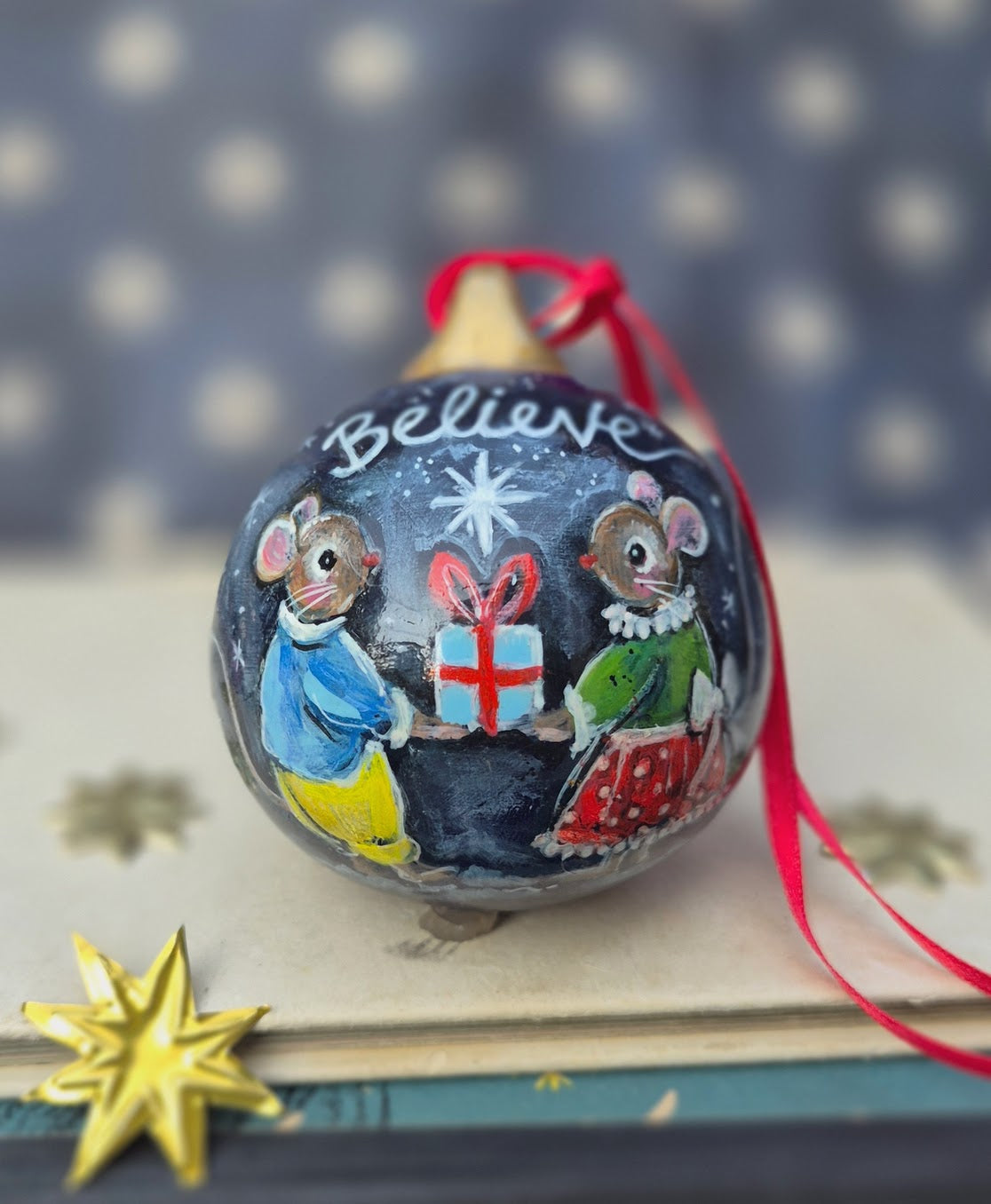 Believe Bauble Mice 2026 ~Hand Painted Ceramic Bauble