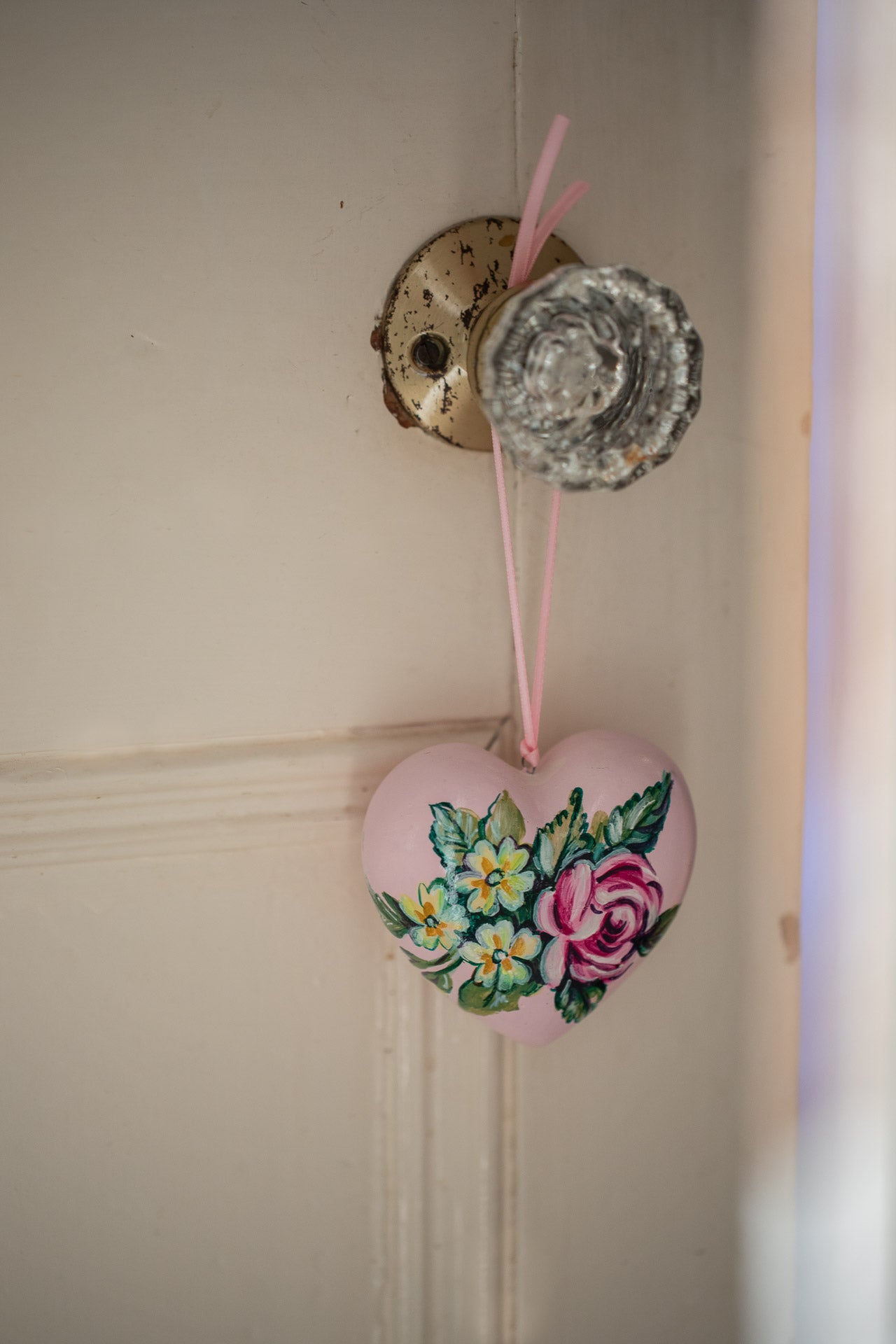 Hand Painted Ceramic Heart  ~ Rose and primroses