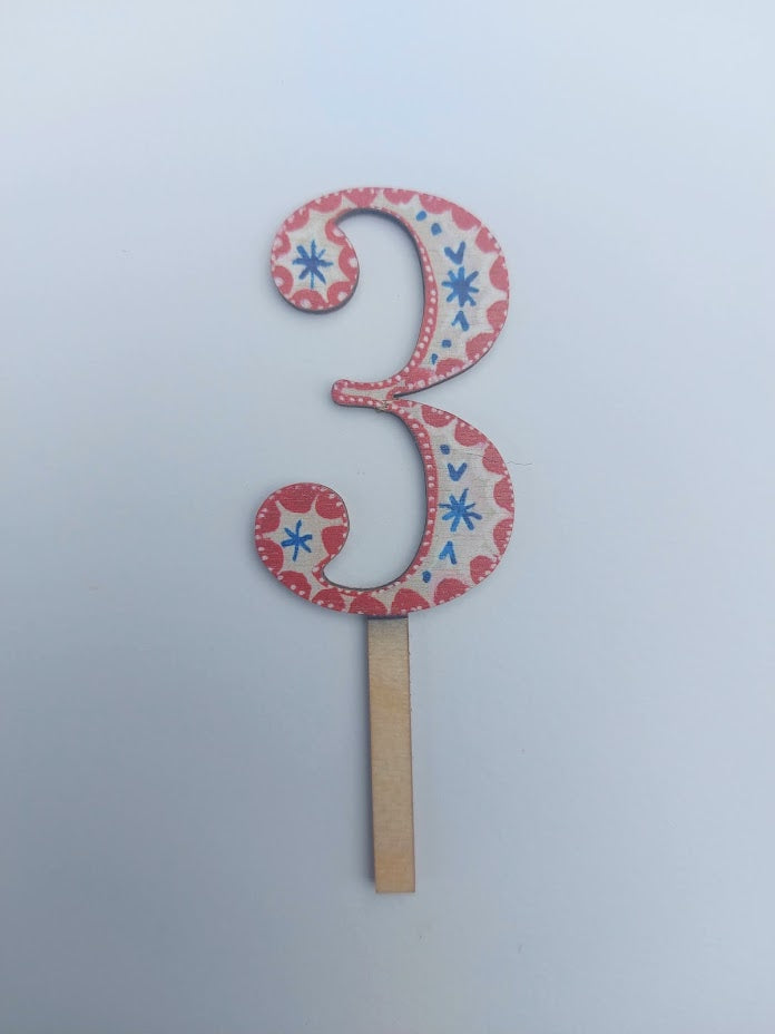 Number 3 - Folk Wooden Cake Topper