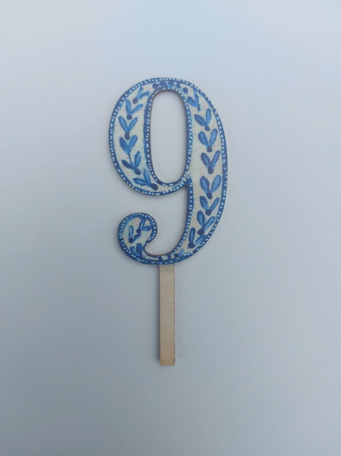 Number 9 - Folk Wooden Cake Topper