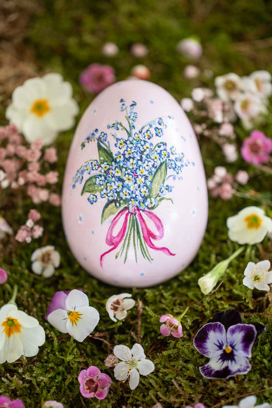 Large Hand Painted Wooden Heirloom Easter Egg~ Forget Me Not Bouquet