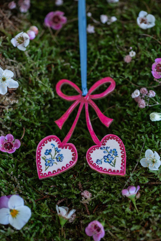 Hearts and Bows ~ Hanging Wooden Decoration