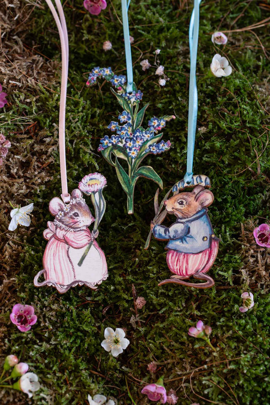 Trio of Hanging Mice and Forget Me Not~ Fortnum and Mason Collaboration~ Hanging Wooden Decorations