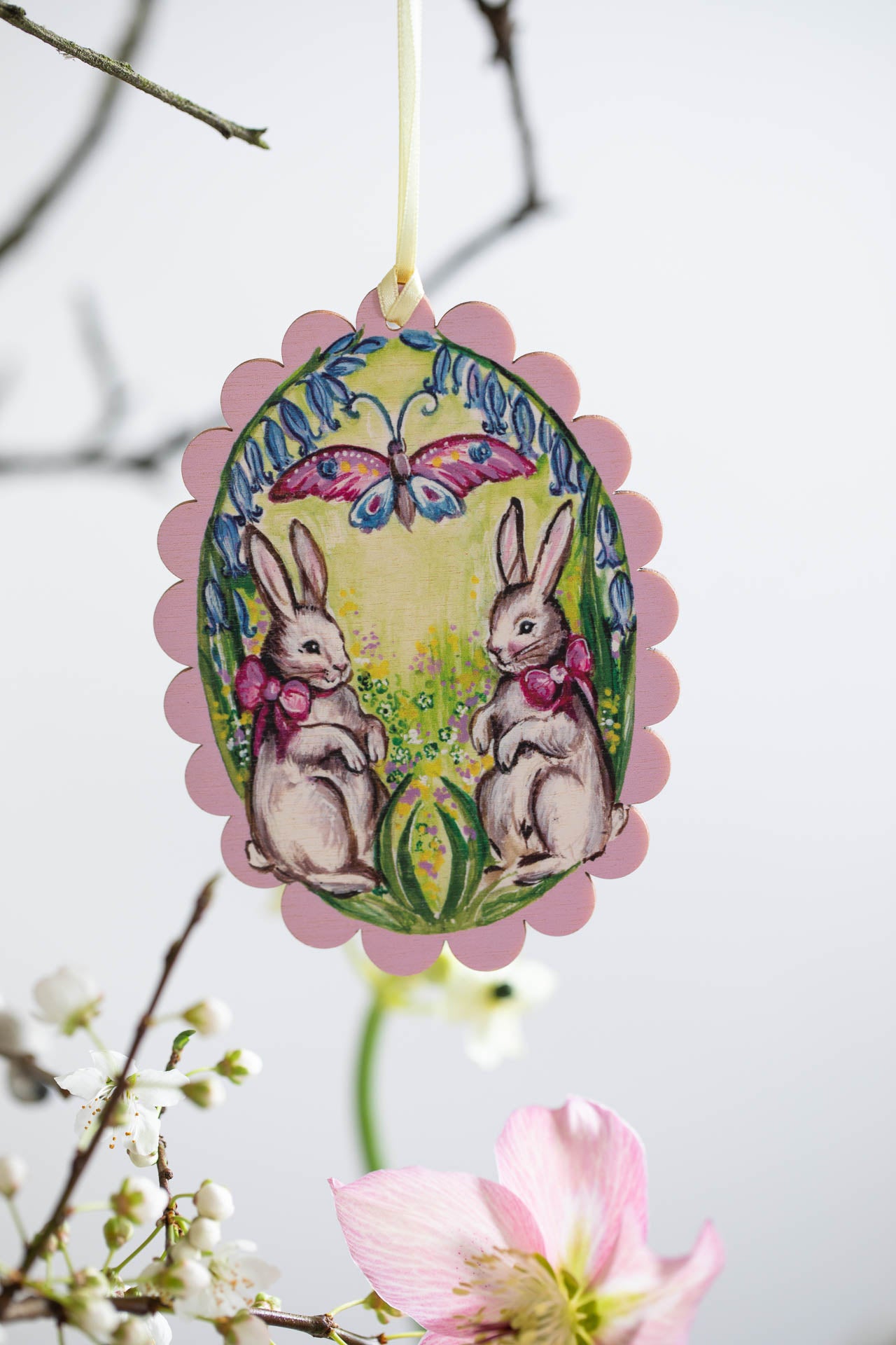 Scalloped Egg With Bunnies~ Fortnum and Mason Collaboration ~ Hanging Wooden Decoration
