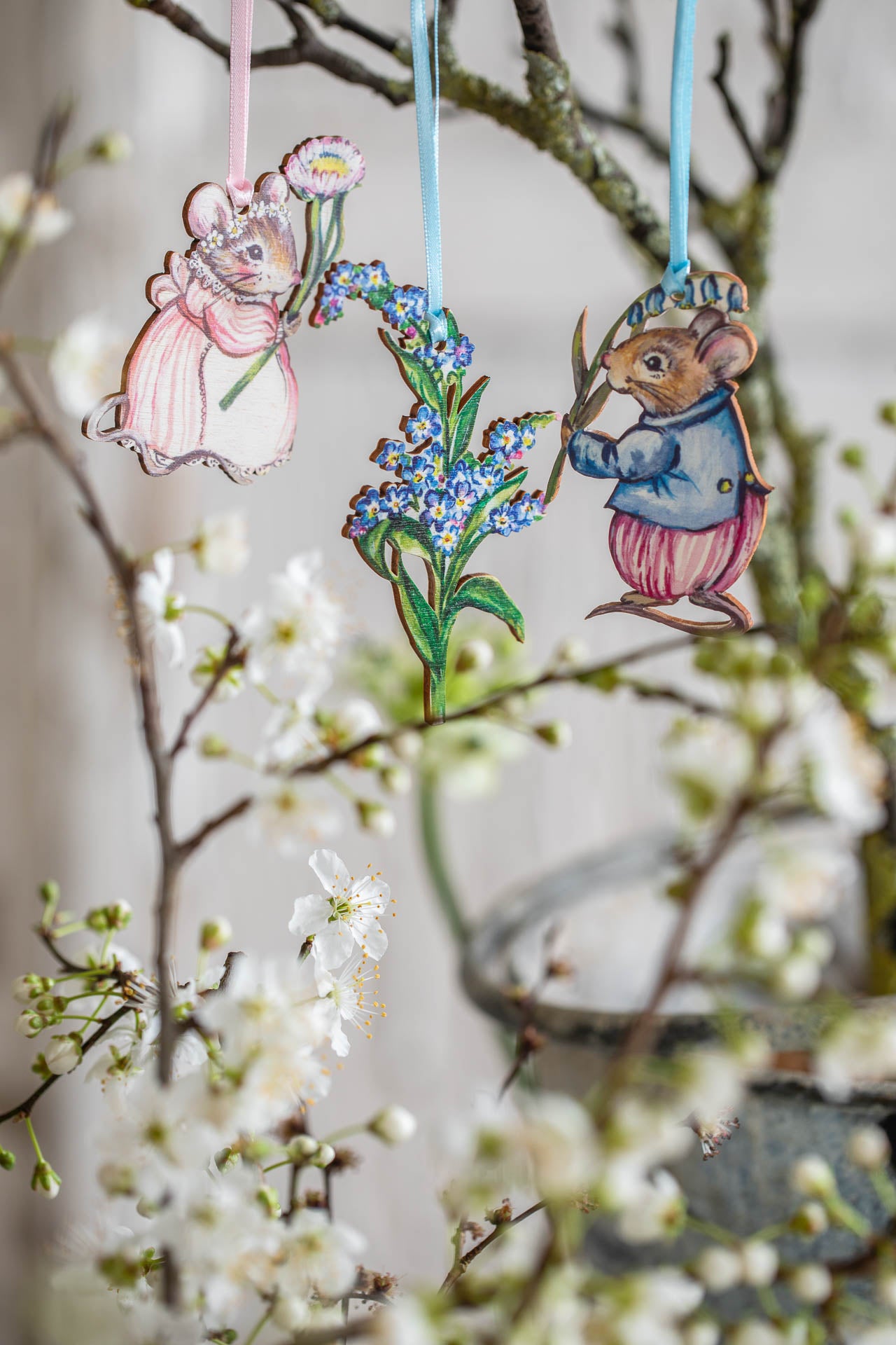 Trio of Hanging Mice and Forget Me Not~ Fortnum and Mason Collaboration~ Hanging Wooden Decorations