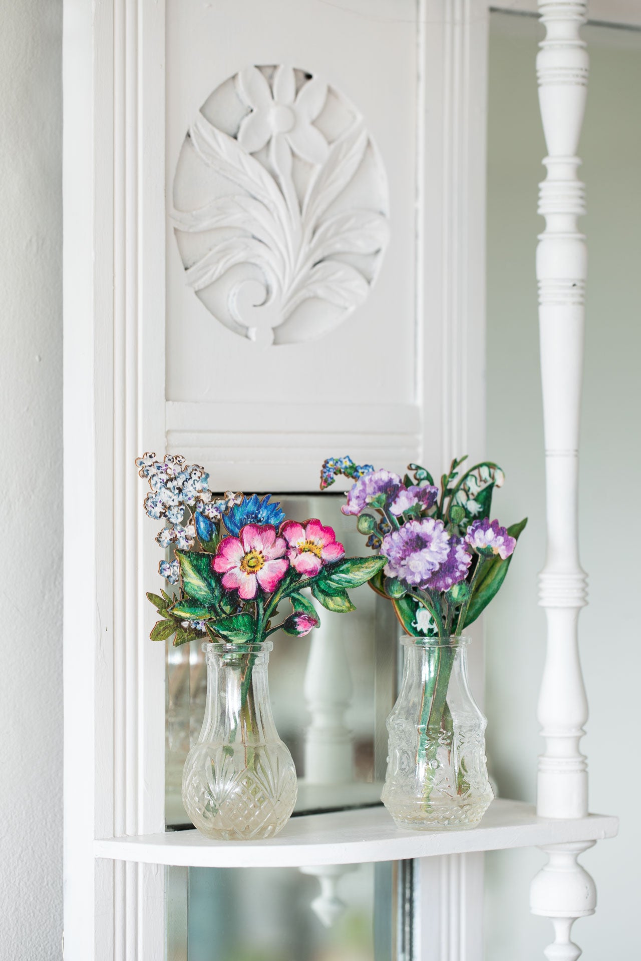 Spring Flowers in glass bud vase ~ Small Wooden  Floral Stems Dog Rose and Lily of the Valley