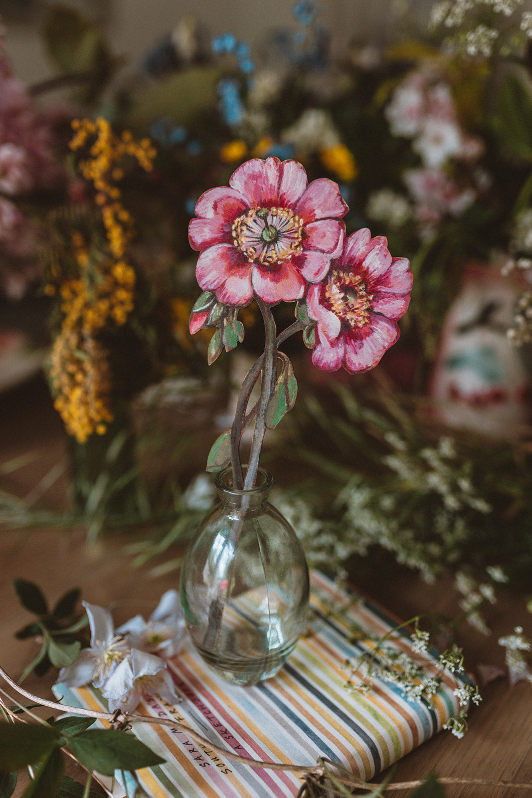 Peony Double Head - Single Stem Wooden Flower