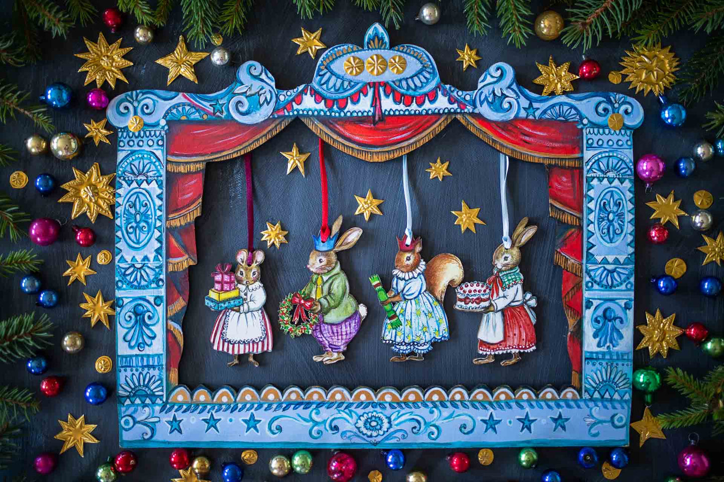 Mrs Rabbit with Christmas Cake~ Hanging Wooden Decoration