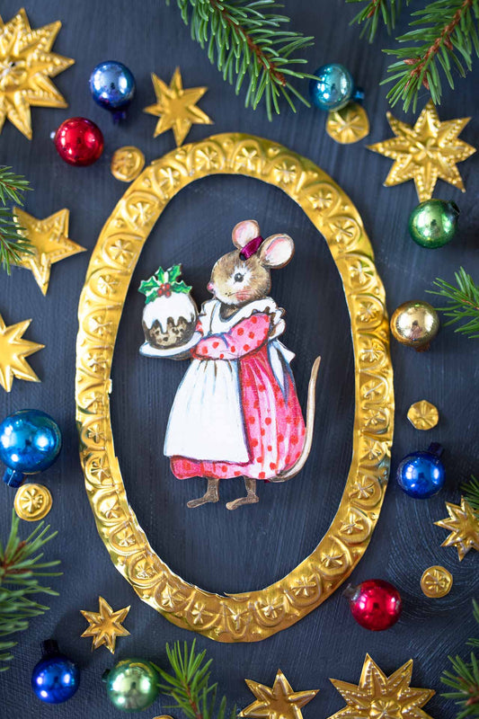 Mrs Mouse with Christmas Pudding ~ Wooden Decoration