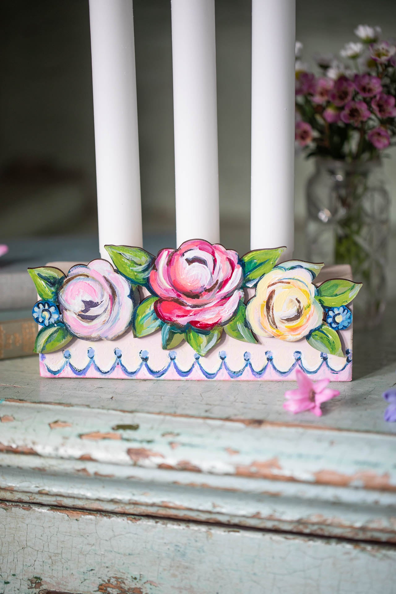 Fleur Bohemia Candle Holder ~ Hand painted Wooden