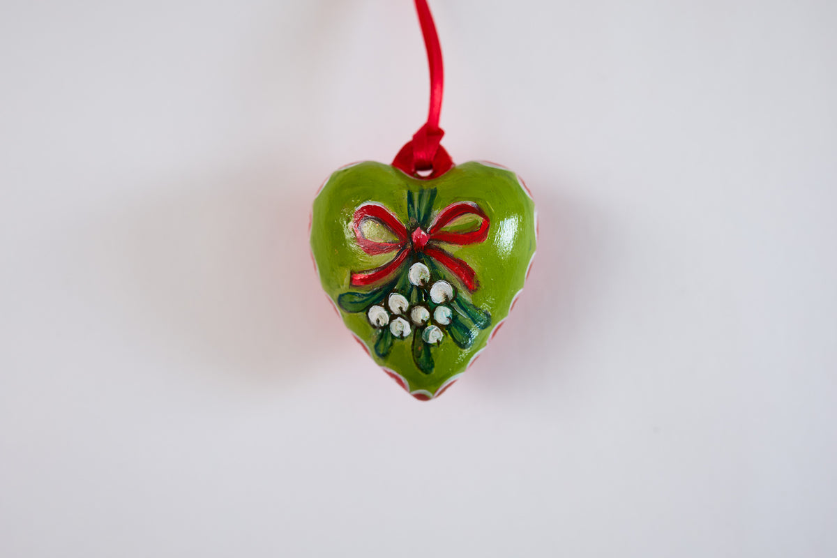 Mistletoe Heart ~ Hand Painted Hanging Ceramic Heart Bauble