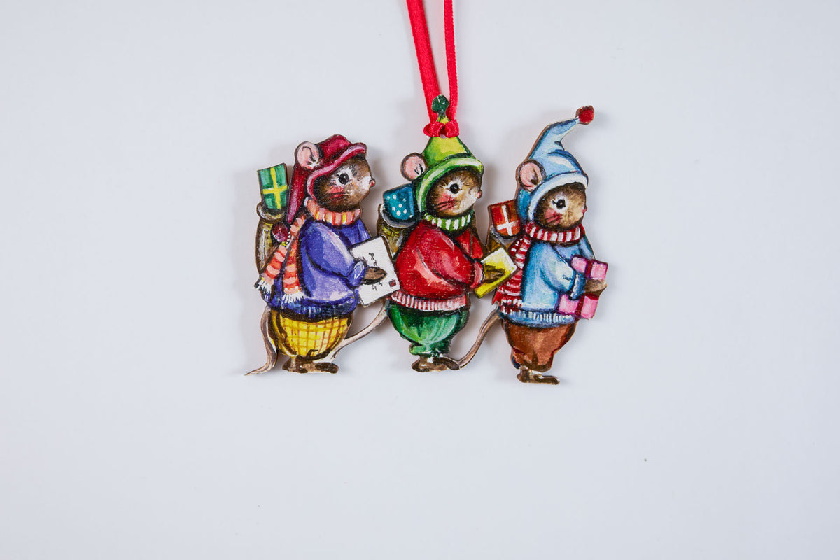 The Gifting Mice ~ Hanging Wooden Decoration