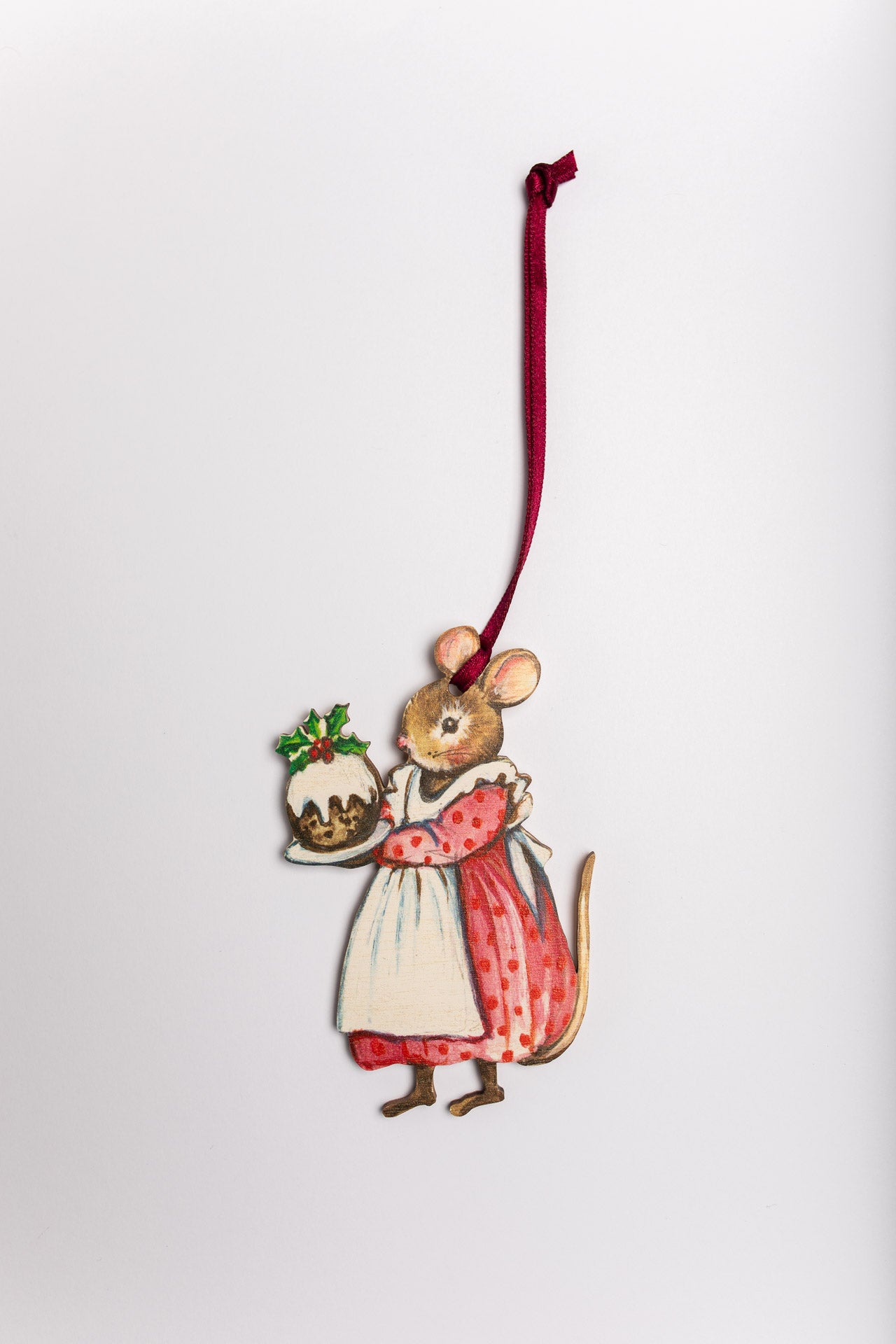Mrs Mouse with Christmas Pudding ~ Wooden Decoration