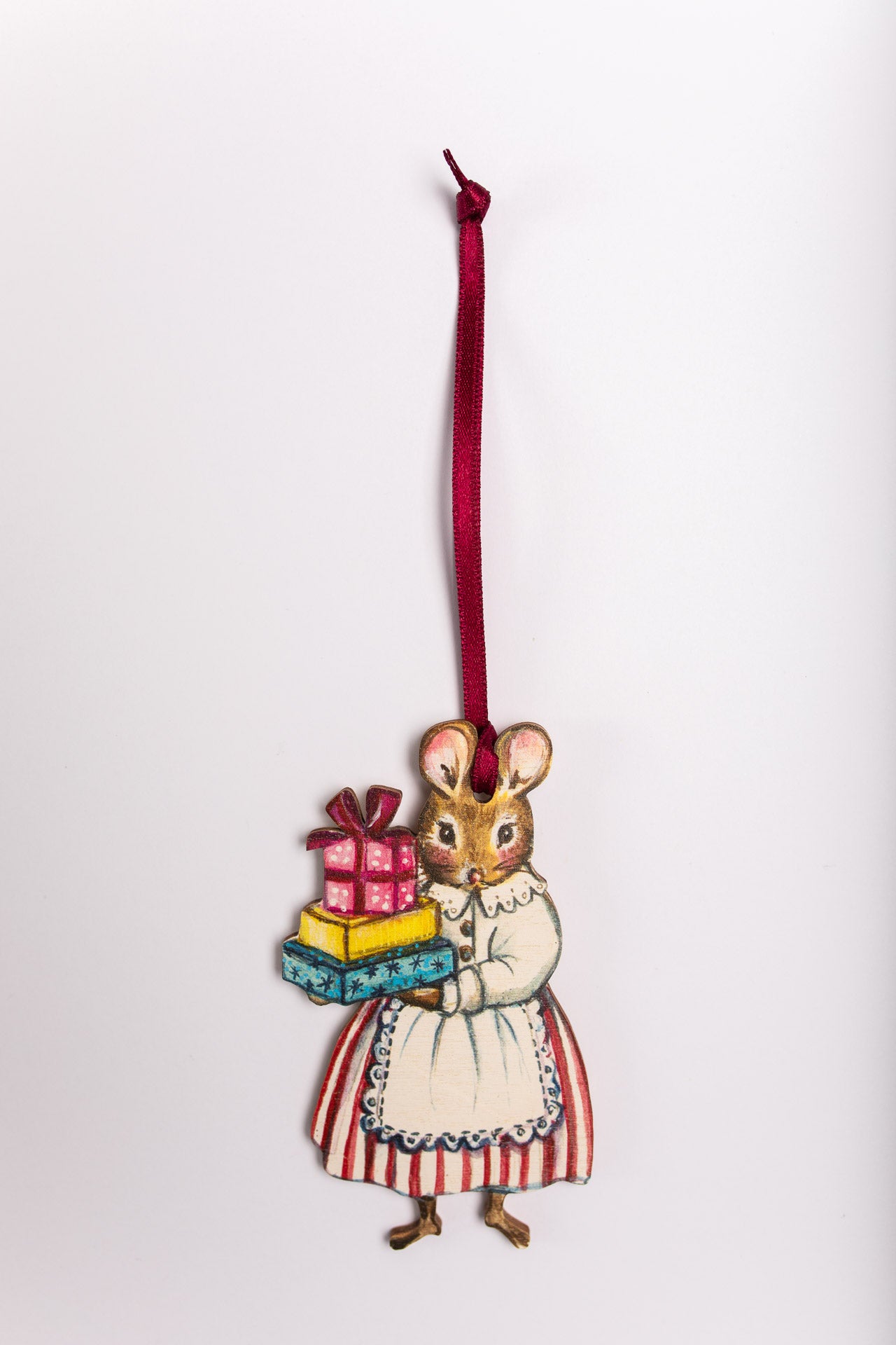 Mrs Mouse with Gifts ~ Wooden Hanging Decoration