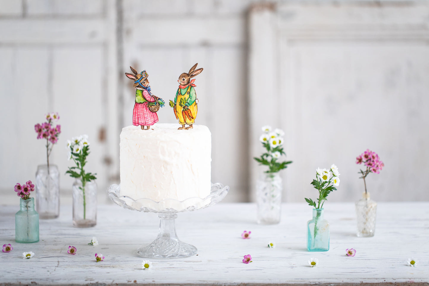 Gardening Bunny with Basket of Flowers ~ Wooden Cake Topper
