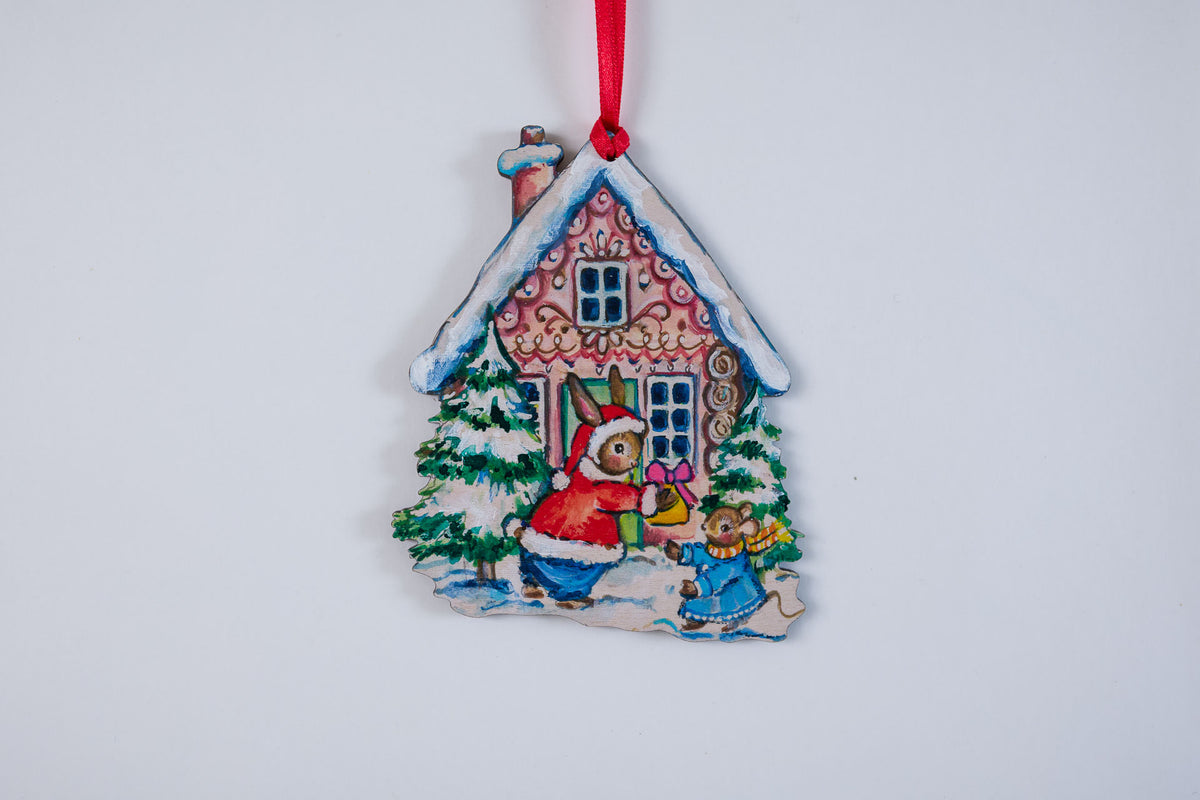 Gingerbread House with Rabbit and Mouse ~ Hanging Wooden Decoration