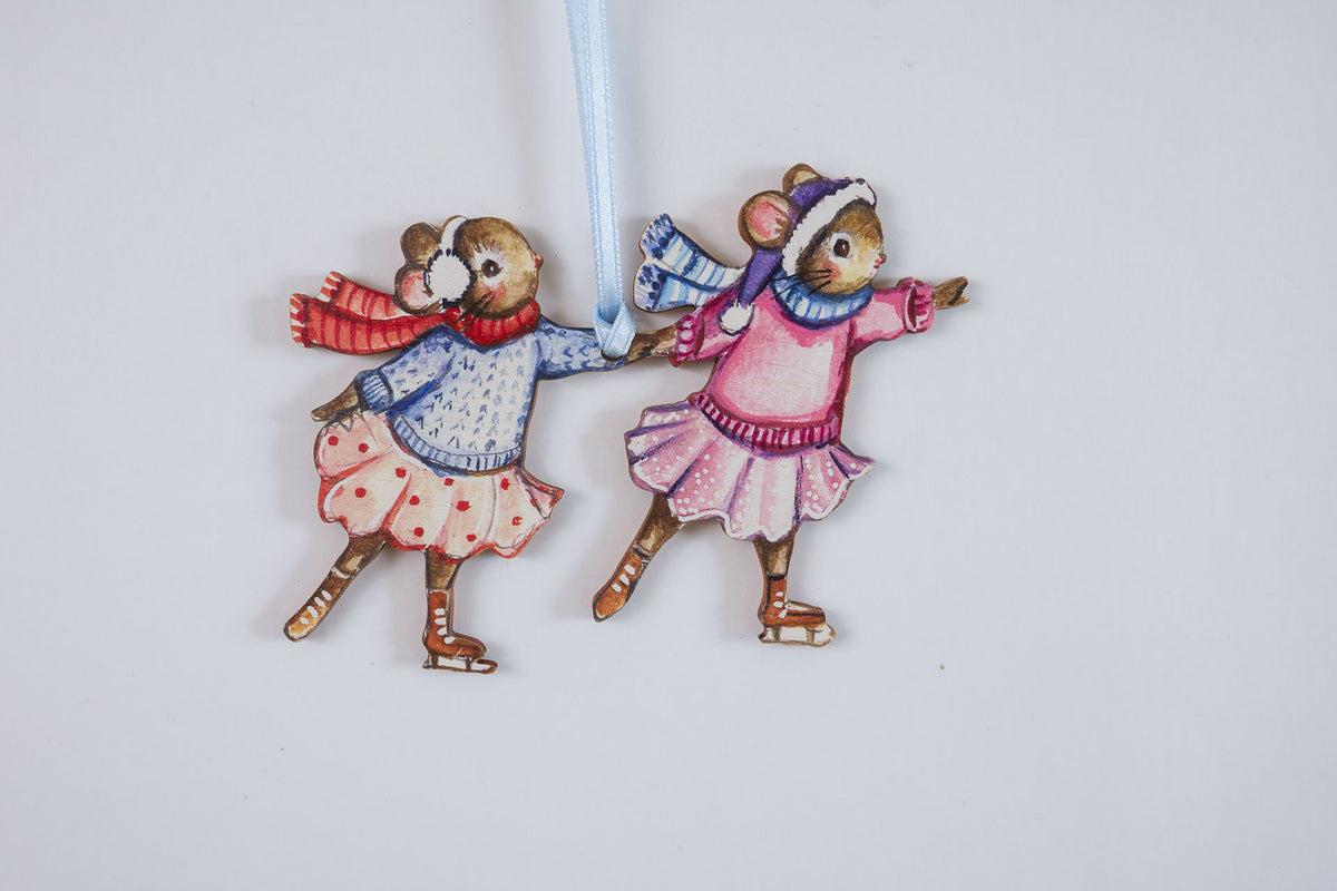 Skating Mice (girls) ~ Hanging Wooden Decoration