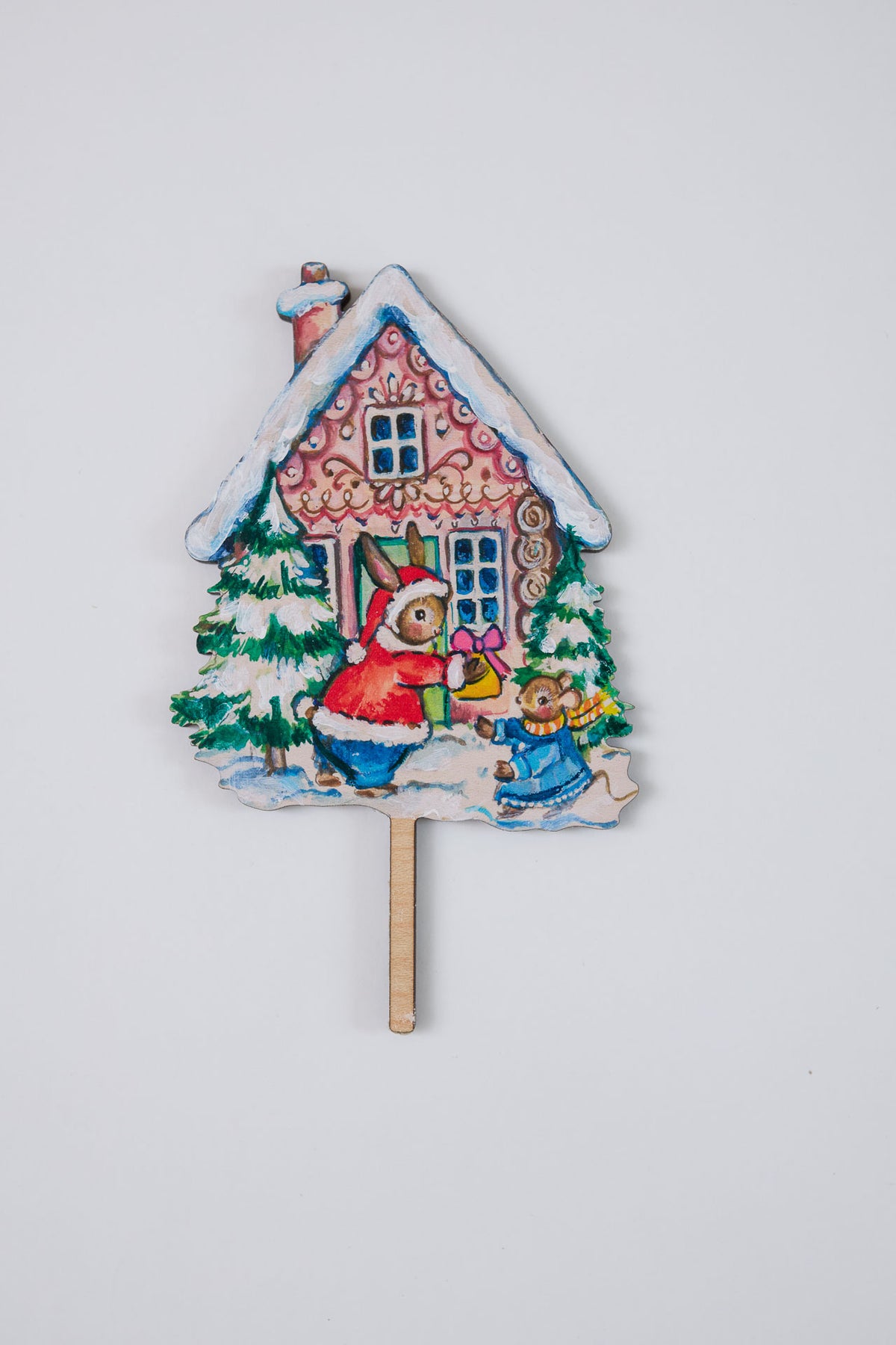 Gingerbread House with Bunny and Mouse ~ Wooden Cake Topper