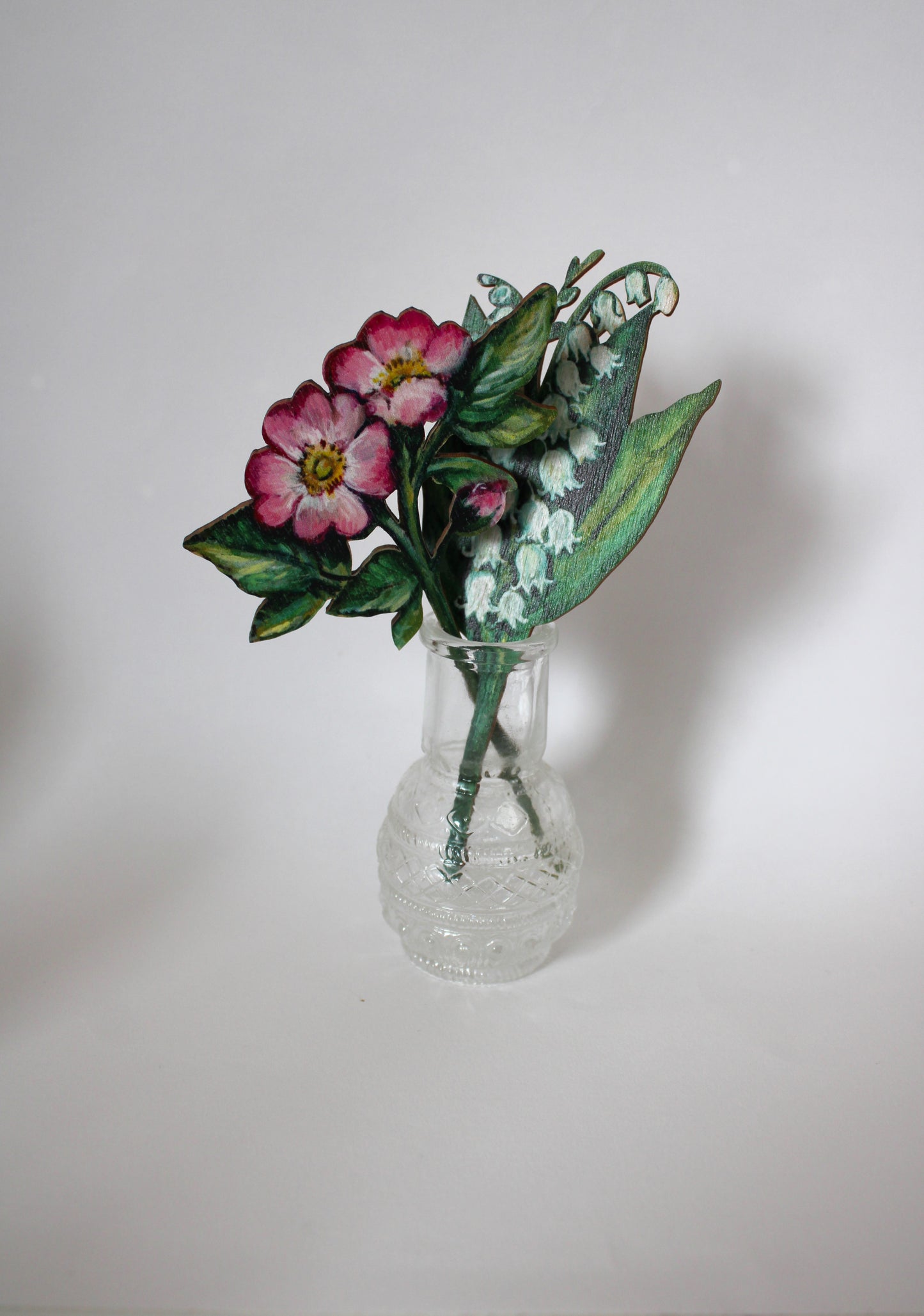 Spring Flowers in glass bud vase ~ Small Wooden  Floral Stems Dog Rose and Lily of the Valley