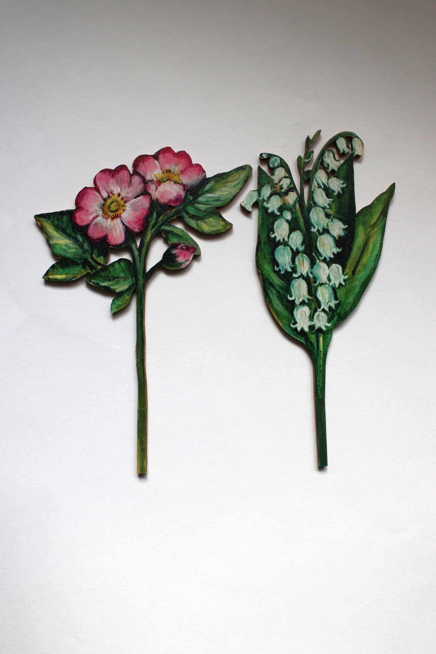 Spring Flowers in glass bud vase ~ Small Wooden  Floral Stems Dog Rose and Lily of the Valley
