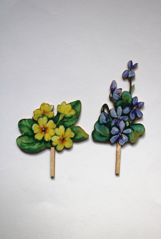 Primroses and Violets ~ Wooden Cake Topper Set of Two