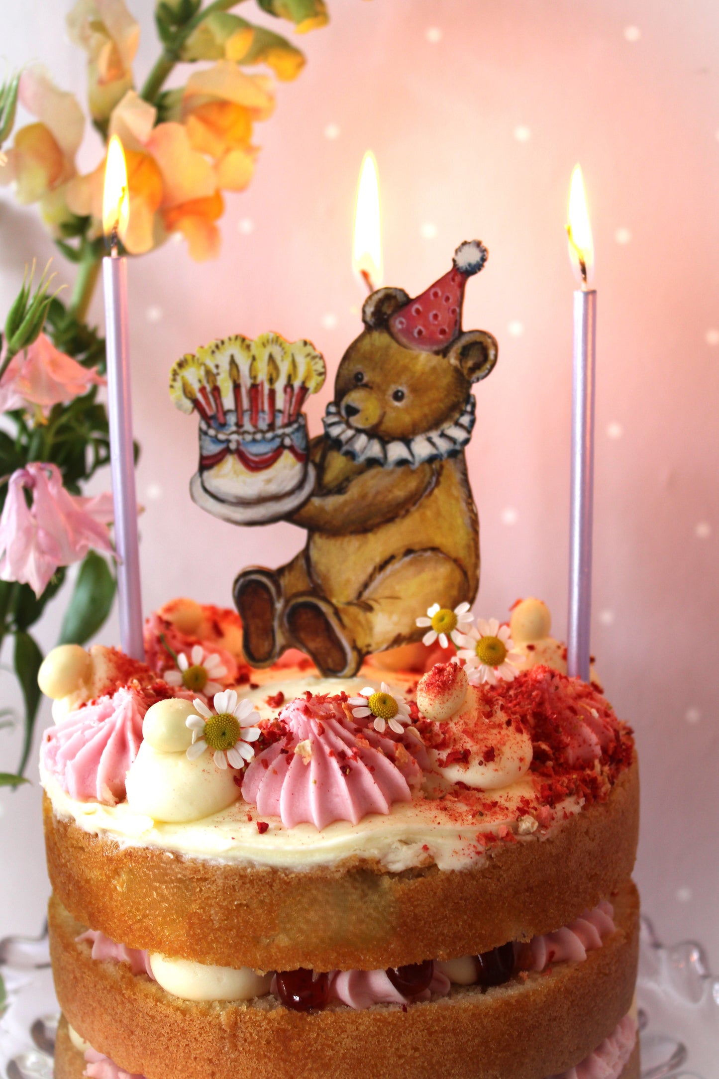 Birthday Teddy - Wooden Cake Topper