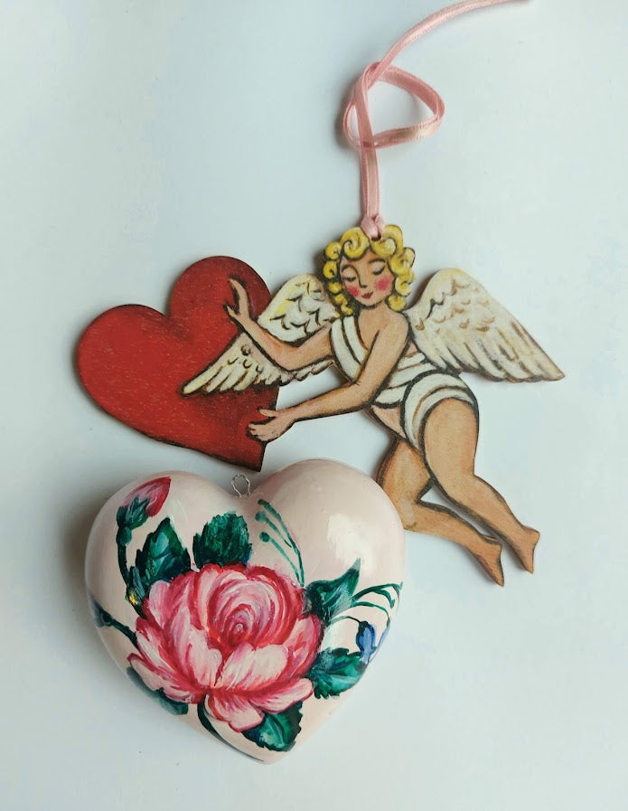 Rose Heart ~ Hand Painted Ceramic Heart Shaped Bauble