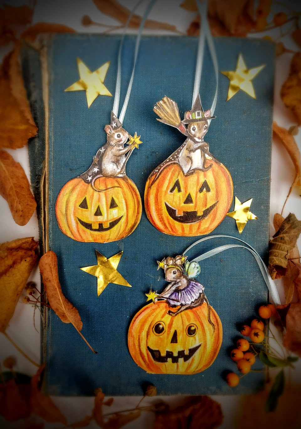 Witchy Mouse on Pumpkin ~  Wooden Hanging Decoration