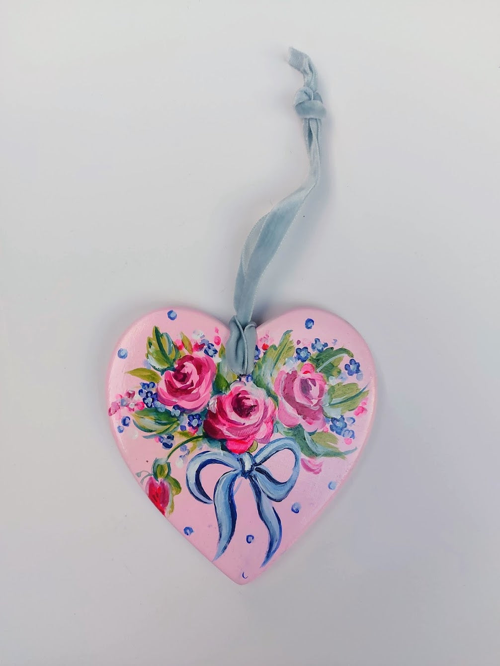 Roses and Bows ~ Hand Painted Ceramic Heart