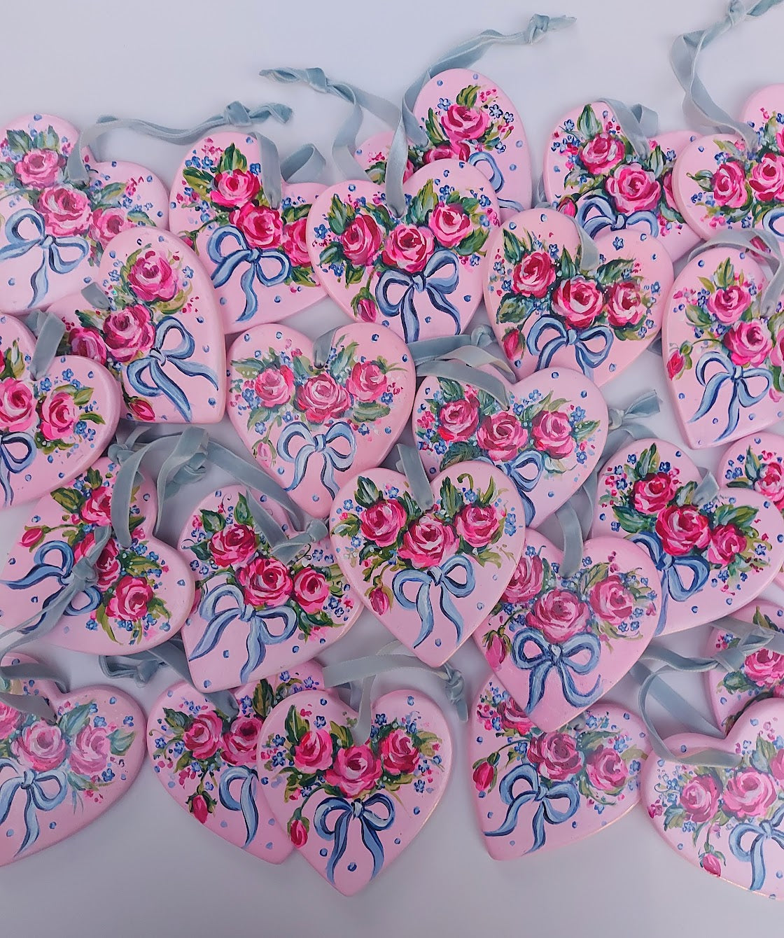 Roses and Bows ~ Hand Painted Ceramic Heart