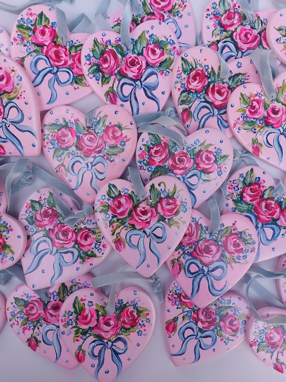 Roses and Bows ~ Hand Painted Ceramic Heart
