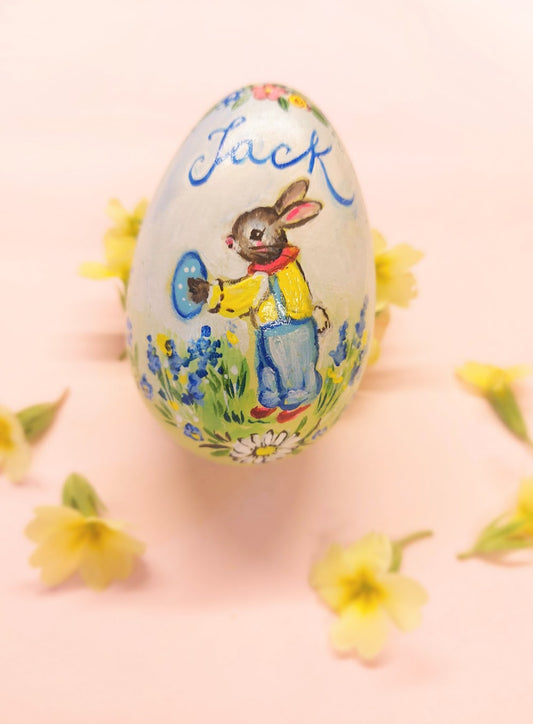 Hand Painted Personalised Wooden Bunny Easter Egg (BOY) 2026
