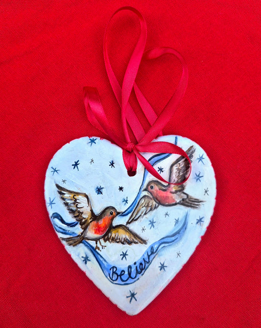 Believe Robins ~ Hand Painted Ceramic Heart