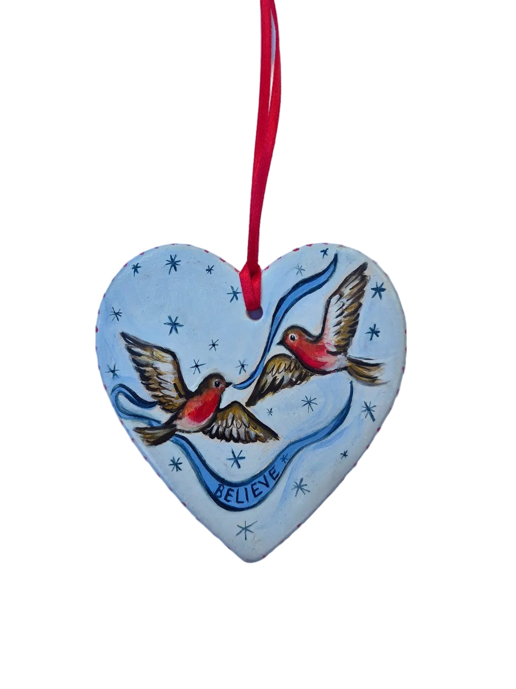 Believe Robins ~ Hand Painted Ceramic Heart