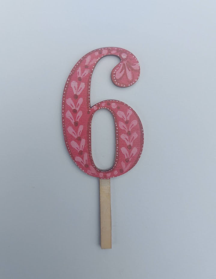 Number 6 - Floral Wooden Cake Topper