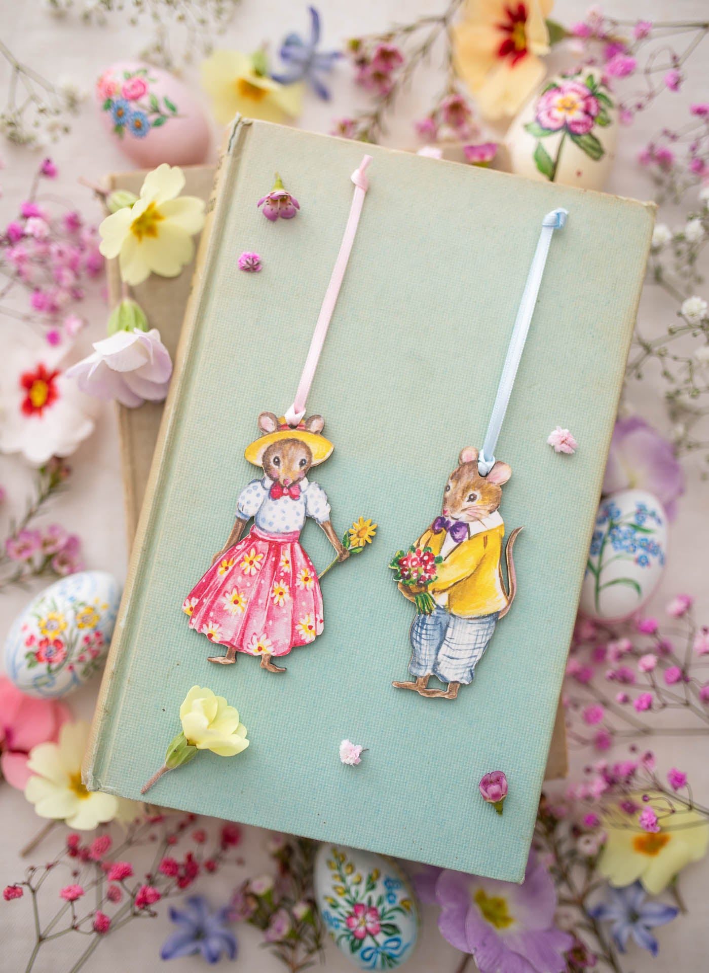 Boy and Girl Spring Mice ~ Hanging Wooden Decorations