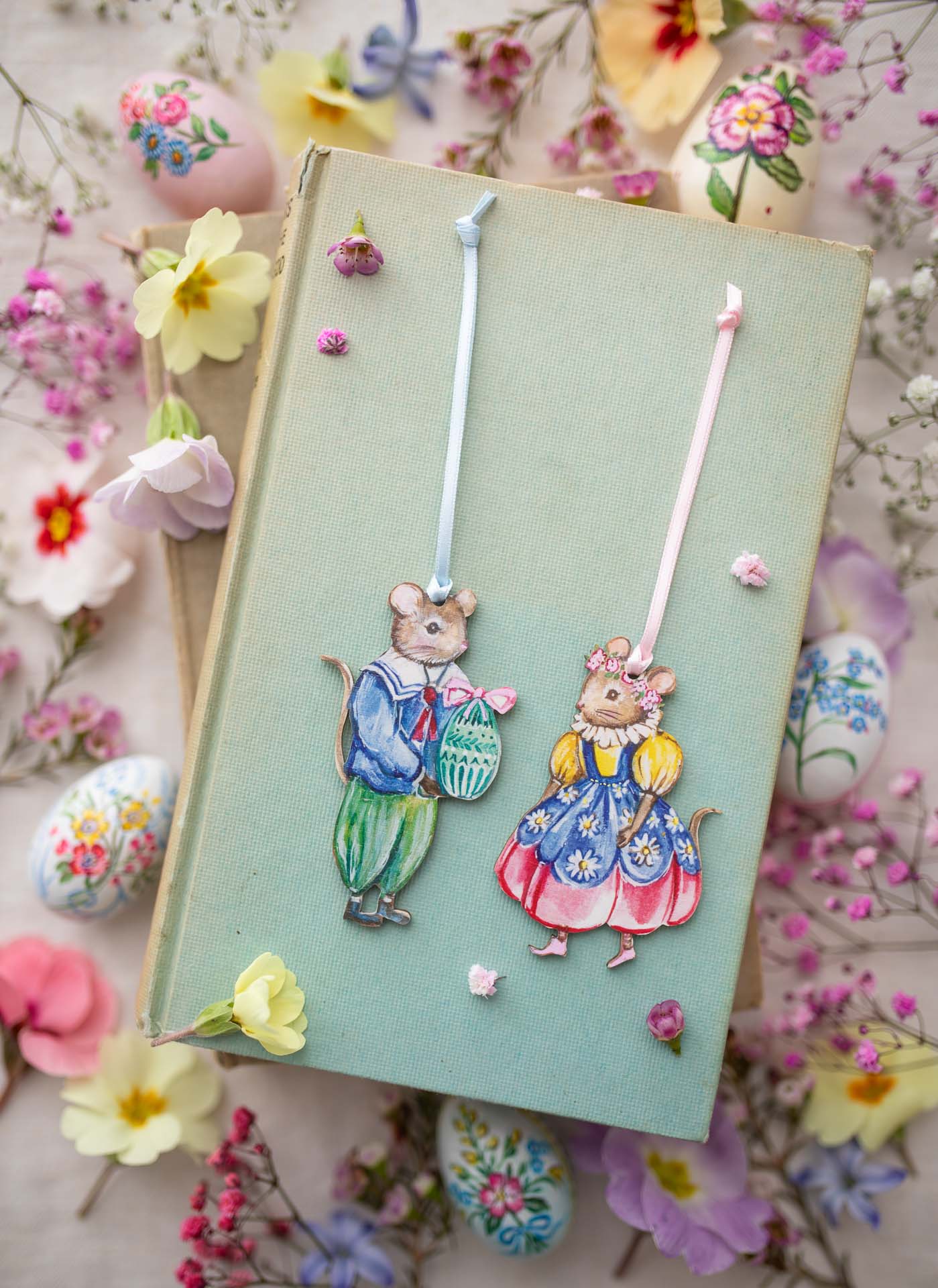 Flower Mice ~ Set of Wooden Hanging Decorations