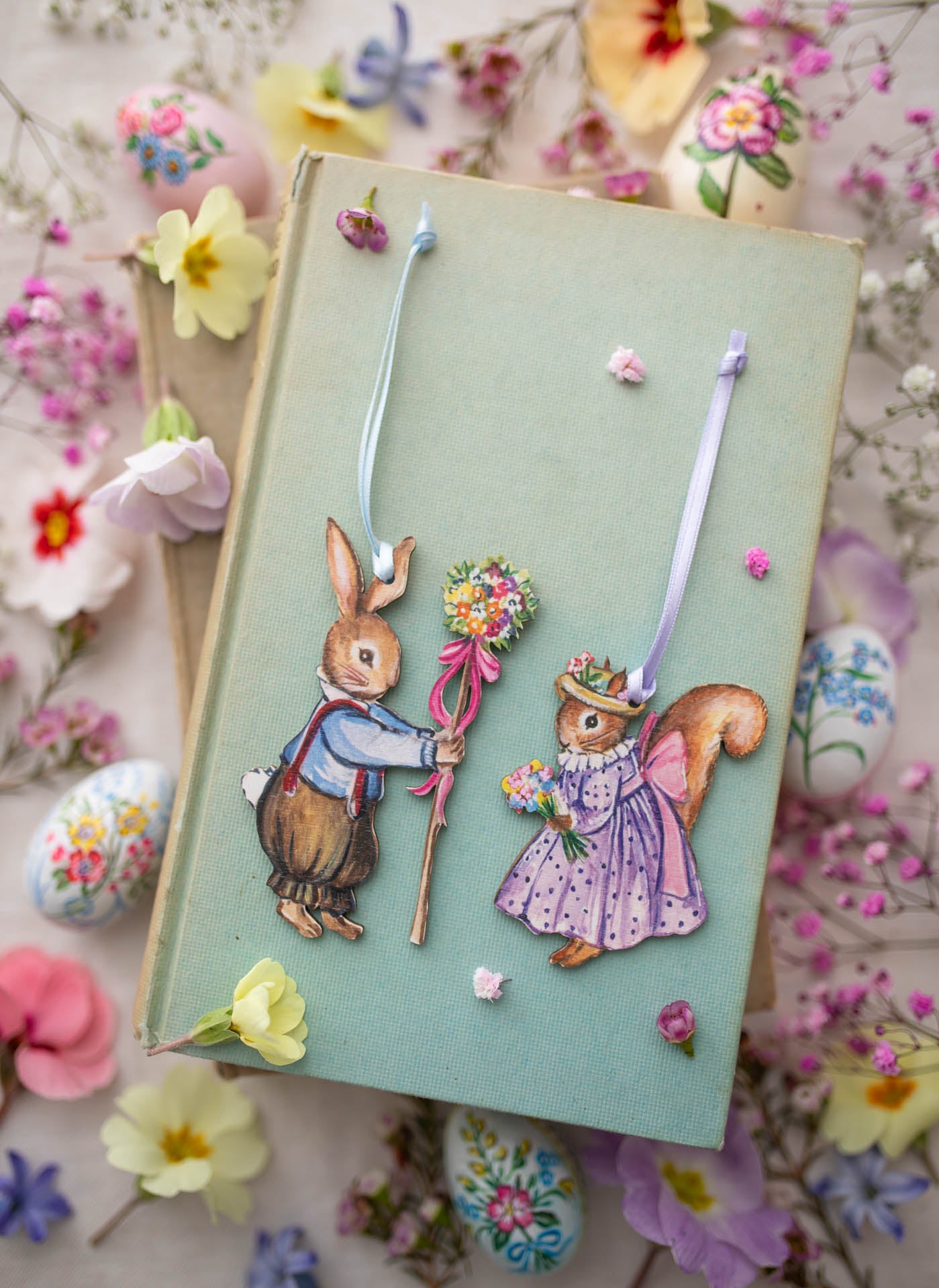 Boy Bunny with Garland ~ Hanging Wooden Decorations