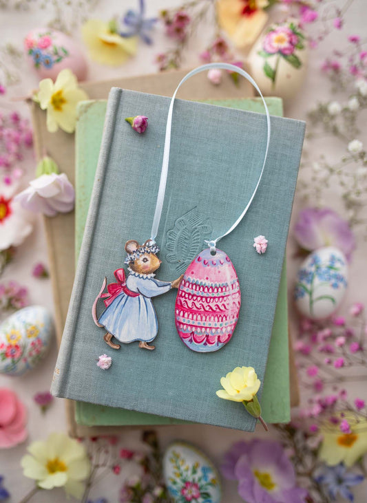 Mouse and Easter Egg ~ Hanging Wooden Decoration