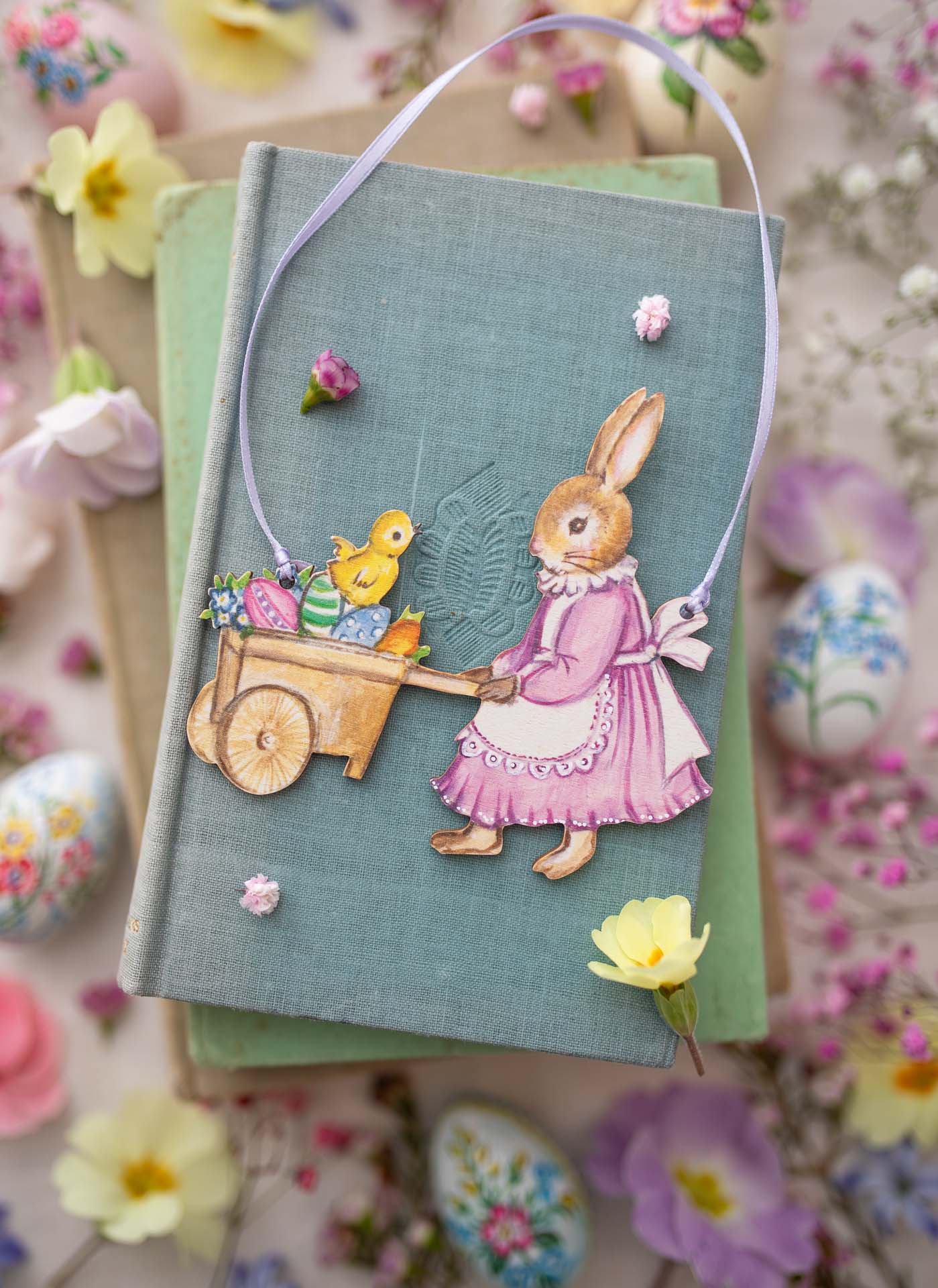 Bunny With Easter Cart ~ Hanging Wooden Decoration