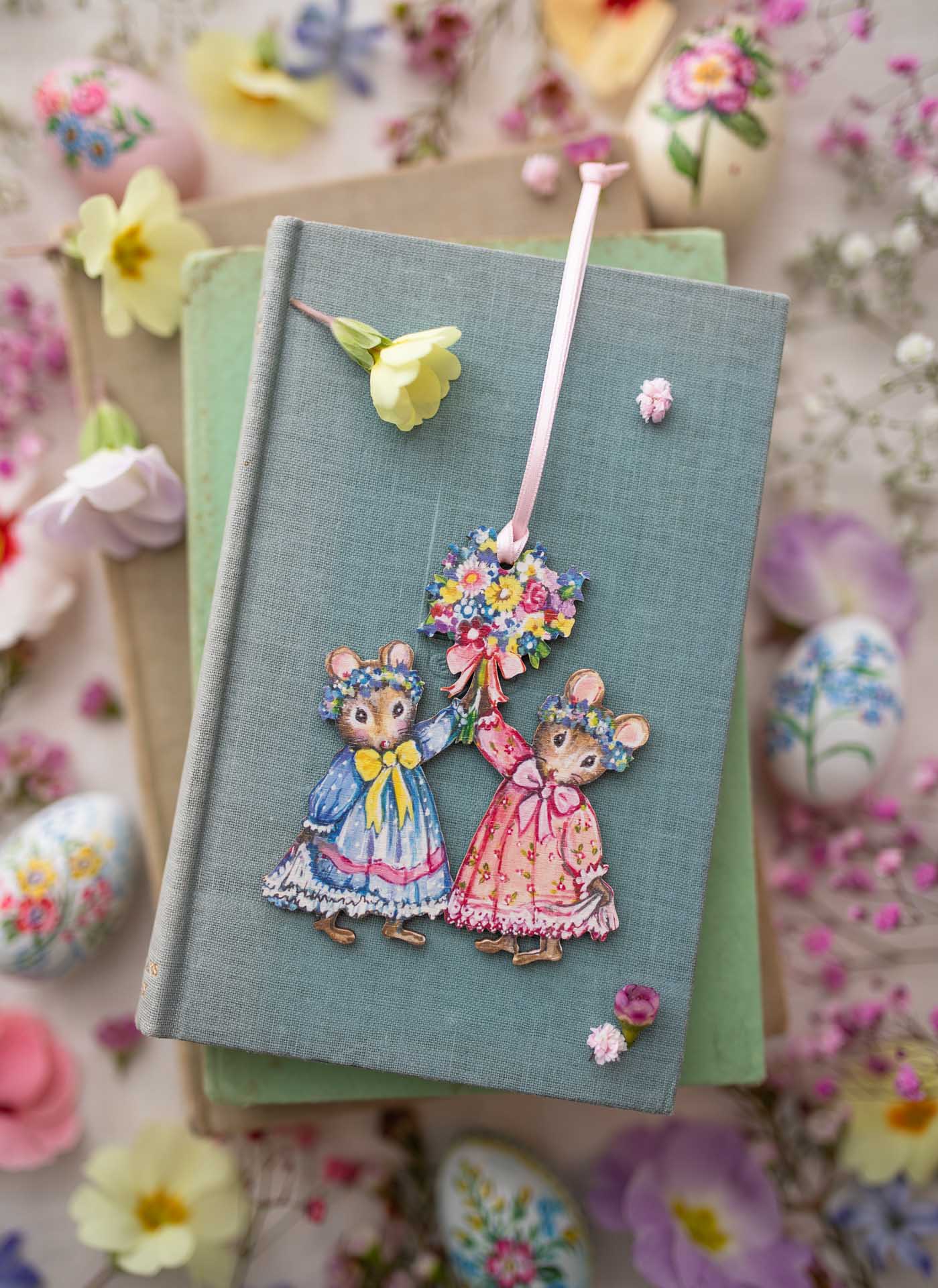 Spring Twin Mice ~ Hanging Wooden Decoration