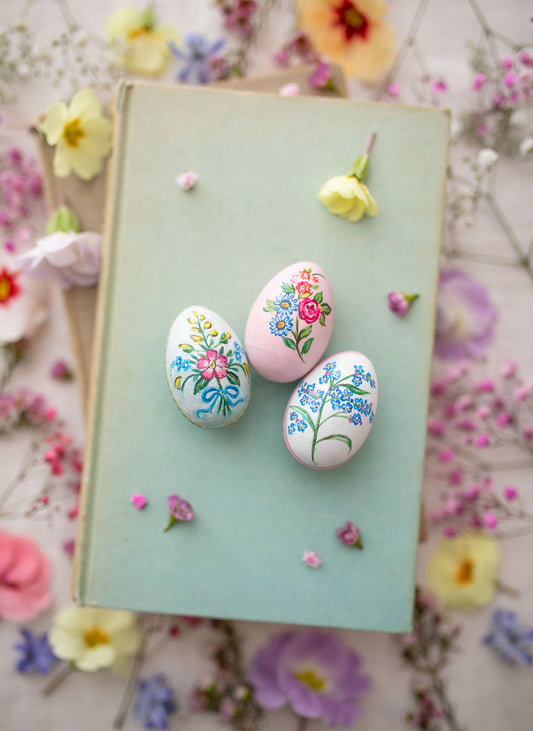 Trio of Small Hand Painted Wooden Eggs