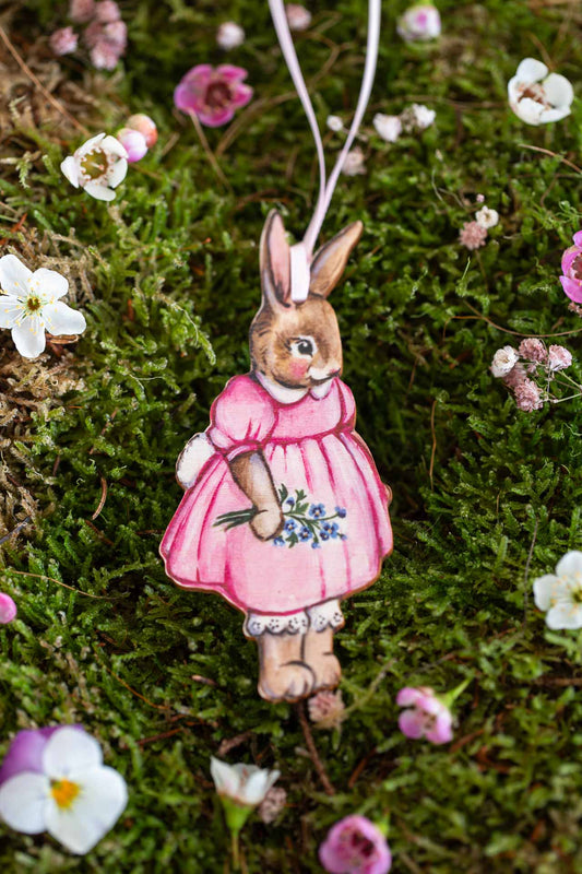 Mrs Bunny with Forget Me Nots~ Fortnum and Mason Collaboration ~ Hanging Wooden Decoration