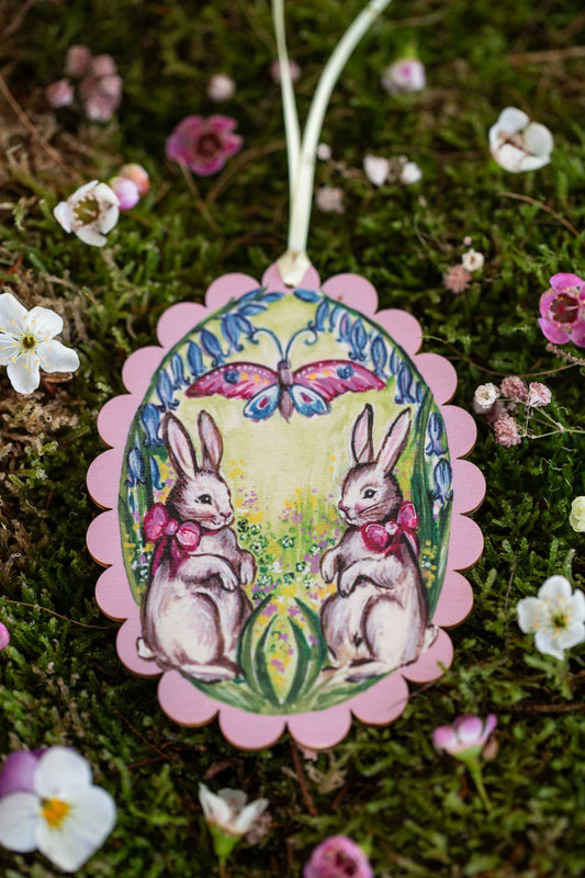 Scalloped Egg With Bunnies~ Fortnum and Mason Collaboration ~ Hanging Wooden Decoration